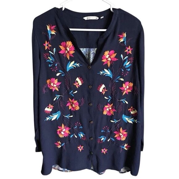 Soft surroundings Size Large top button down blouse blue embroidered floral - Picture 1 of 5